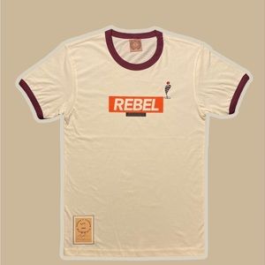 The burgundy Rebel ringer tee, size (small), color off white and burgundy, new